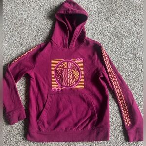 Tek Gear Burgundy and Orange Fleece Hoodie. Boys size Medium. Chest & Sleeve art